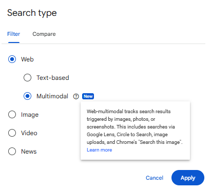 Google Search Console paieškos tipo filtras, leidžiantis atskirai analizuoti multimodalines paieškas per Google Lens, Circle to Search ir vaizdų paiešką