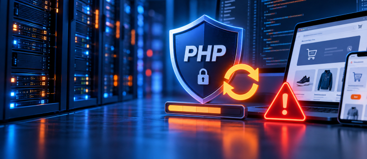 Serveriai, PHP apsaugos skydas, perspėjimo ženklas ir serverio atnaujinimo simbolis